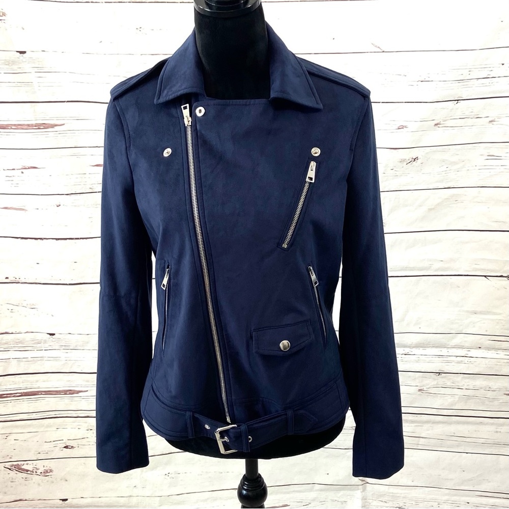 Theory Jacket Women’s Small Navy IWG Modern Moto Faux Suede Long Sleeve